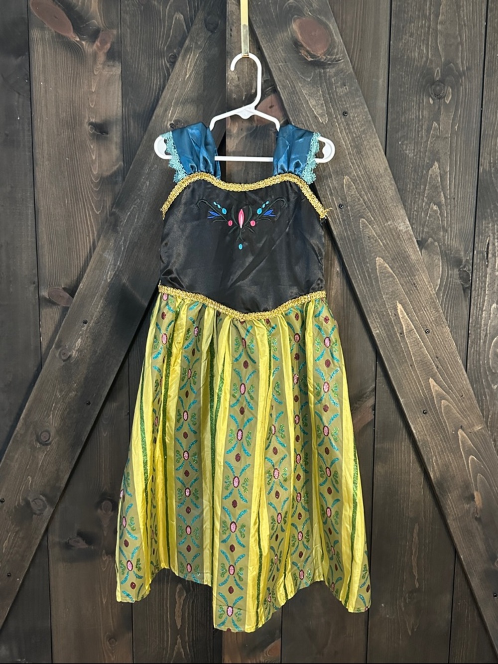 Kids Princess Anna Dress Costume in Green, Blue, Black and Gold